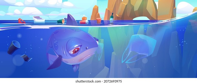 Sad shark underwater in sea with floating plastic trash. Ocean pollution by garbage, global littering. Vector cartoon seascape with marine fish and bottles, cups and bags in water