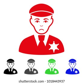 Sad Sheriff vector icon. Vector illustration style is a flat iconic sheriff symbol with grey, black, blue, red, green color variants. Face has problem emotions.
