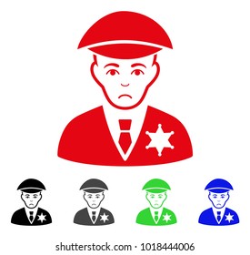Sad Sheriff vector icon. Vector illustration style is a flat iconic sheriff symbol with gray, black, blue, red, green color versions. Face has sad emotion.