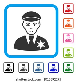 Sad Sheriff vector icon. Person face has sadly sentiment. Black, grey, green, blue, red, pink color versions of sheriff symbol inside a rounded frame.