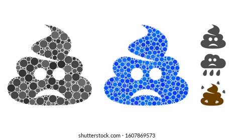 Sad shit mosaic of small circles in different sizes and color tones, based on sad shit icon. Vector random circles are organized into blue mosaic. Dotted sad shit icon in usual and blue versions.