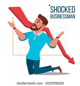 Sad Shocked Businessman Vector. Losing Money. Graph Going Down. Male Standing On His Knees. Isolated Flat Cartoon Character Illustration