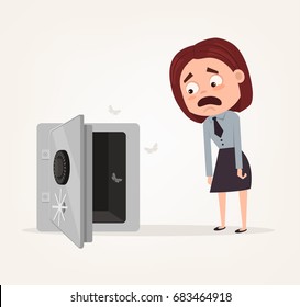 Sad shocked rich business woman character stand near open door safe empty box. No money. Vector flat cartoon illustration