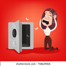 Sad Shocked Rich Business Woman Character Stand Near Open Door Safe Empty Box. No Money Financial Crisis Concept. Vector Flat Cartoon Illustration