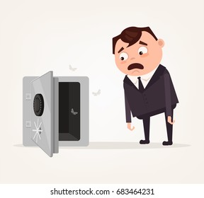 Sad shocked rich businessman character stand near open door safe empty box. No money. Vector flat cartoon illustration