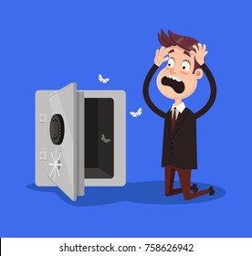 Sad Shocked Rich Businessman Character Stand Near Open Door Safe Empty Box. No Money Financial Crisis Concept. Vector Flat Cartoon Illustration