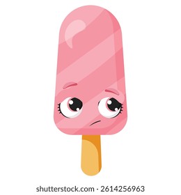 Sad and shy pink popsicle with glossy eyes, isolated on white background, perfect for emotional food illustrations, kids projects, stickers and summer-themed character designs