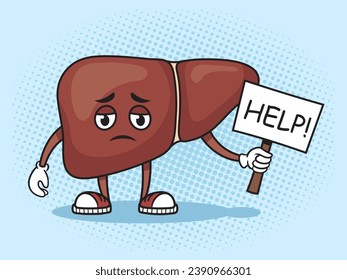 Sad sick anatomical liver asking for help pop art retro hand drawn vector illustration. Comic book style imitation.