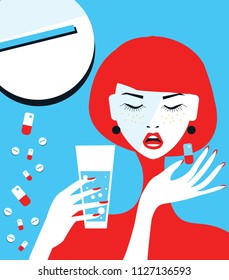 Sad sick beautiful girl take a pill with glass of water on tablets background. Girl keep on hand pill. Copy space or for product
