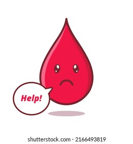 Triste gota de sangre por enfermedad pide ayuda al personaje. Ilustración de vectores de dibujos animados de estilo plano. Día Mundial del Donante de Sangre