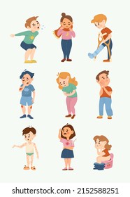 Sad sick boys and girls cartoon illustration set. Kids catching cold, having fever, nausea, flu, toothache or headache. Little children feeling unwell, breaking leg. Disease, health concept