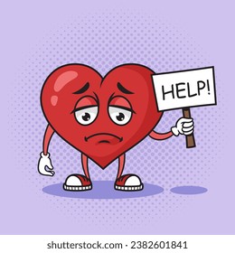 Sad sick cartoon heart asking for help pop art retro hand drawn vector illustration. Comic book style imitation.