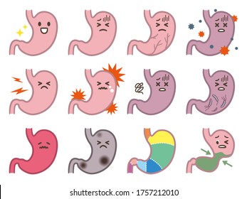 Sad sick cry and healthy strong happy smiling cute stomach character. Vector flat cartoon kawaii illustration icon design. Isolated on white backgound. Stomach,stomachache, pain,sick,ache concept