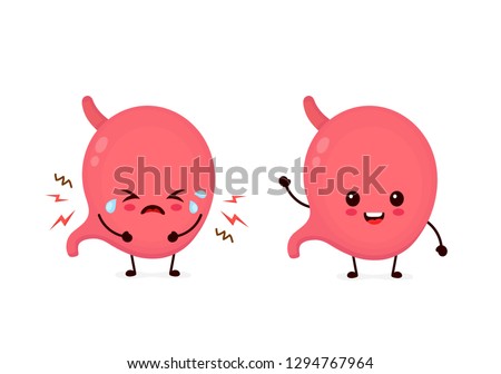 Sad sick cry and healthy strong happy smiling cute stomach character.Vector flat cartoon illustration icon.Isolated on white backgound.Stomach,stomachache, pain,sick,diarrhea ache,constipation concept