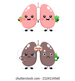 Sad  sick cute and healthy happy smiling lungs character. flat cartoon illustration icon design. Isolated on white background.