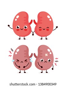 Sad sick cute,healthy happy smiling kidneys character.Vector flat cartoon illustration icon design.Isolated on white backgound.Unhealthy cry and happy kidneys character,transplant illustration concept