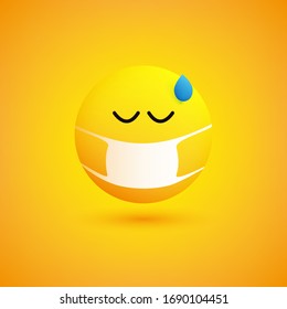 Sad Sick Emoticon with Drop of Sweat and Medical Mask on Yellow Background - Vector Design