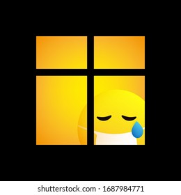 Sad Sick Emoticon Looks Through the Window - Home Quarantine - Vector Design on Yellow Background