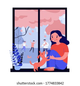 Sad sick girl with flu looking at window. Friend, virus, dog flat vector illustration. Healthcare and isolation concept for banner, website design or landing web page