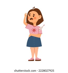 Sad sick girl with thermometer raising hand cartoon illustration. Kid suffering from fever, cold or flu isolated on white background. Little child feeling unwell. Disease, health concept
