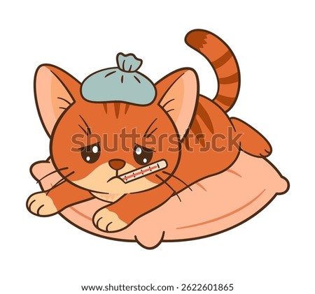 Sad and sick kitten with thermometer and compress. Cute ginger tabby with sore paw. Chibi Flat style clean, simple design. Perfect for children’s content, greeting card, sticker, tshirts, mug, poster