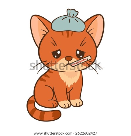 Sad and sick kitten with thermometer and compress. Cute ginger tabby with sore paw. Chibi Flat style clean, simple design. Perfect for children’s content, greeting card, sticker, tshirts, mug, poster