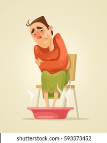 Sad sick man character warms his feet. Vector flat cartoon illustration