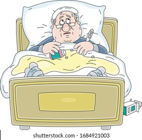 Trauriger, krank erkrankter Mann mit Grippe, Temperaturmessung mit einem Thermometer, Einnahme verschiedener Tabletten und Einlegen in seinem Bett in Quarantäne, Cartoon-Illustration auf weißem Hintergrund in der Vektorillustration