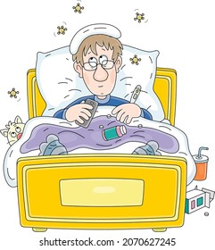 Triste enfermo con gripe, midiendo la temperatura con un termómetro, tomando diferentes pastillas y tumbado en su cama en cuarentena, ilustración vectorial de dibujos animados sobre un fondo blanco