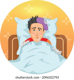 Sad sick man laying in bed with fever on white background