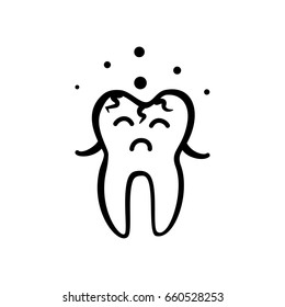 Sad Sick Tooth with Icon Isolated on White Background. Hand Drawn Stomatology Symbol