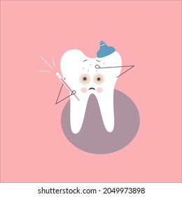 Sad sick tooth is lying with a fever