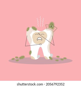 Sad sick tooth is on its knees, it is attacked by bacteria