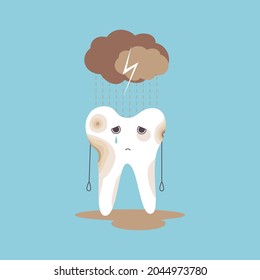 Sad sick tooth in the rain from a cloud