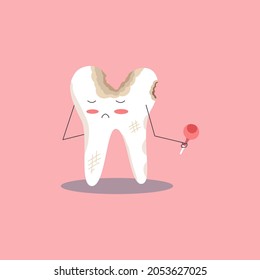 Sad sick tooth refuses a lollipop
