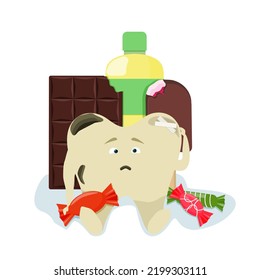 Sad sick tooth with sweets and chocolate. Oral hygiene concept, children's poster. Vector illustration.