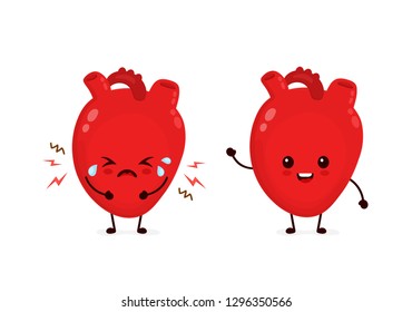 Sad sick unhealthy cry and healthy strong happy smiling cute heart character. Vector flat cartoon kawaii illustration icon design. Isolated on white backgound. Heart attack, pain,sick,ache concept