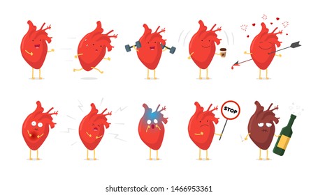 Sad Sick Unhealthy Cry And Healthy Strong Happy Smiling Cute Heart Character Set. Medical Human Circulatory Organ Funny Cartoon Collection. Vector Illustration