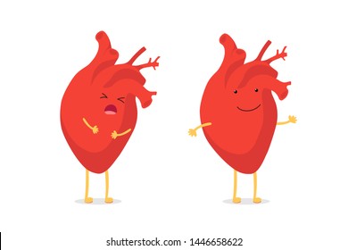 Sad sick unhealthy cry vs healthy strong happy smiling cute heart character. Medical anatomic funny cartoon human internal organ character. Vector illustration