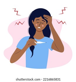 Sad sick woman holding a thermometer. Female character suffers from high temperature, sore throat, flu, headache. Symptoms of the disease and virus infection.