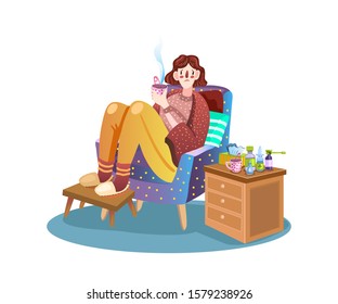 Sad sick woman with red nose sitting in the armchair with hot tea. Tired and ill young girl receives treatment with pills, drops and sprays. Vector character isolated on white. 