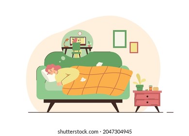 Sad sick woman thinking about work. Fever, illness, medication, high body temperature. Healthcare and isolation concept. Modern flat vector illustration