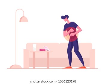 Sad Sick Young Man Feel Pain in Stomach. Food Poisoning, Digestive Tract Indigestion, Stomachache Pain. Sick Male Character Abdominal Ache or Spasm Health Care Concept. Flat Vector Illustration