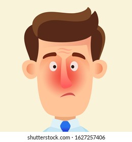 Sad, sick young man with sore red nose. Broken nose, sinus pain. Allergy, runny nose, asthma and sinusitis. Medical vector illustration, flat design, cartoon style. Isolated background.