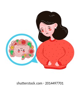 Sad sick young women with intestine microflora problem. Vector flat cartoon illustration icon design. Isolated on white background. Digestive tract, bad bacteria, stomachache, pain,sick,ache concept
