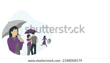 Sad single girl seeing an affectionate couple who are walking outdoors. Sad young woman jealous of couple lovers talking on walking . Single girl feel lonely envy of lady with man. Jealousy concept.