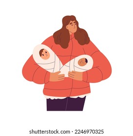 Sad single mother holding twins babies. Depressed mom with newborns in arms. Unhappy poor woman with infants. Motherhood problems concept. Flat vector illustration isolated on white background