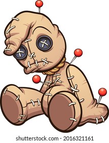 Sad sitting voodoo doll with pins. Vector clip art illustration with simple gradients. All on a single layer. 
