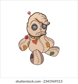 Sad sitting voodoo doll with pins. Vector clip art illustration with simple gradients. All on a single layer. 