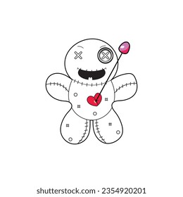 Sad sitting voodoo doll with pins for coloring page